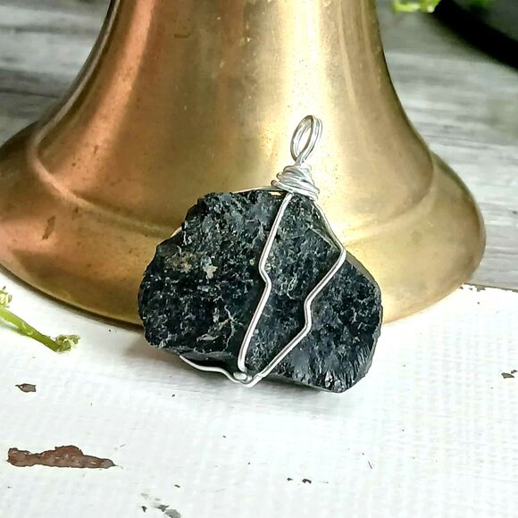 Raw Black Tourmaline Crystal Pendant, Wire Wrapped Gemstone Jewelry, 1.5" - Picture 1 of 3